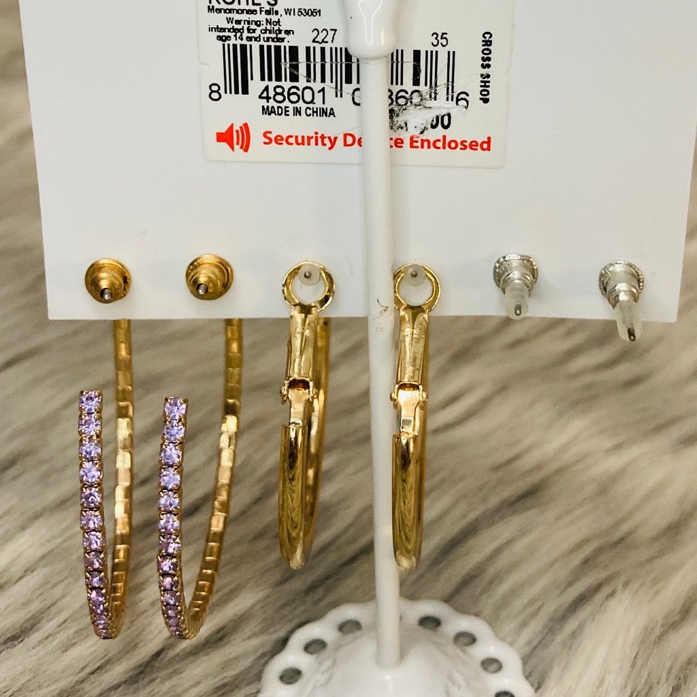 Gold Simulated Crystal Hoop earrings set - Picture 4 of 7